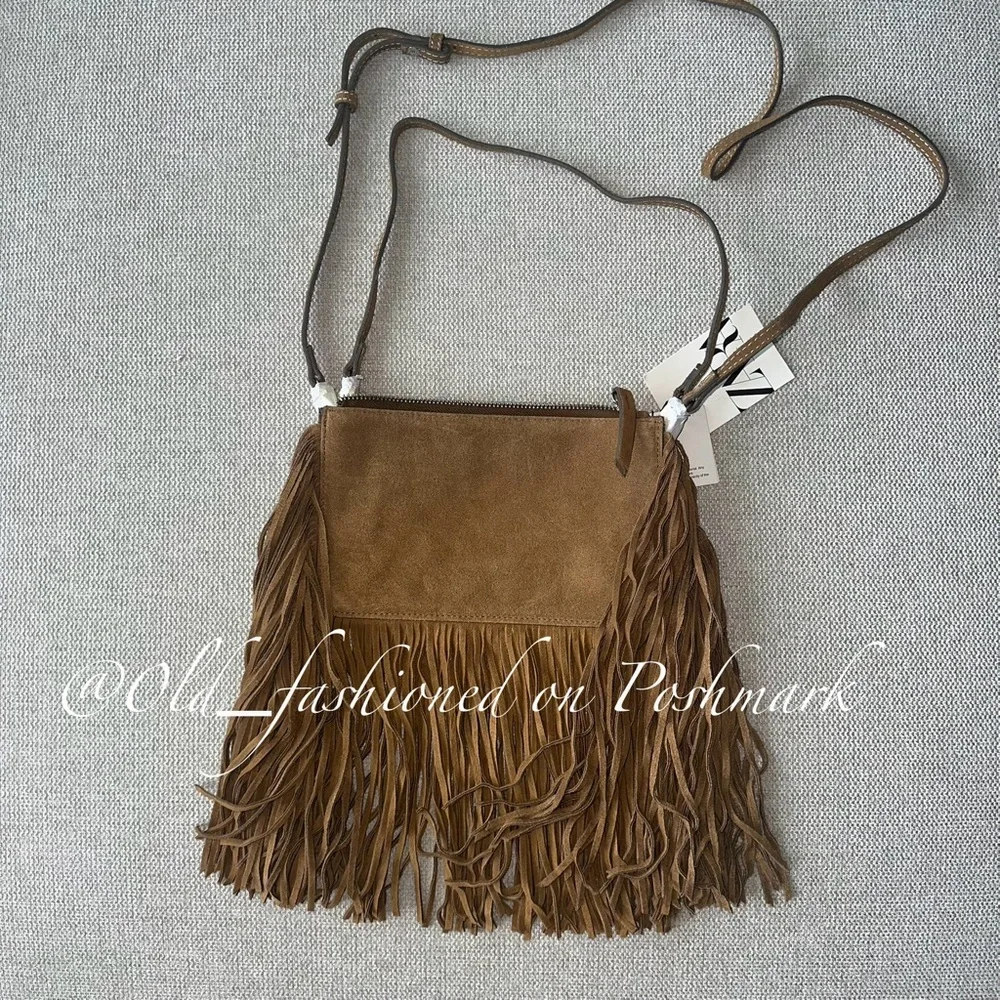 ZARA Leather Fringed Crossbody Bag - Brown